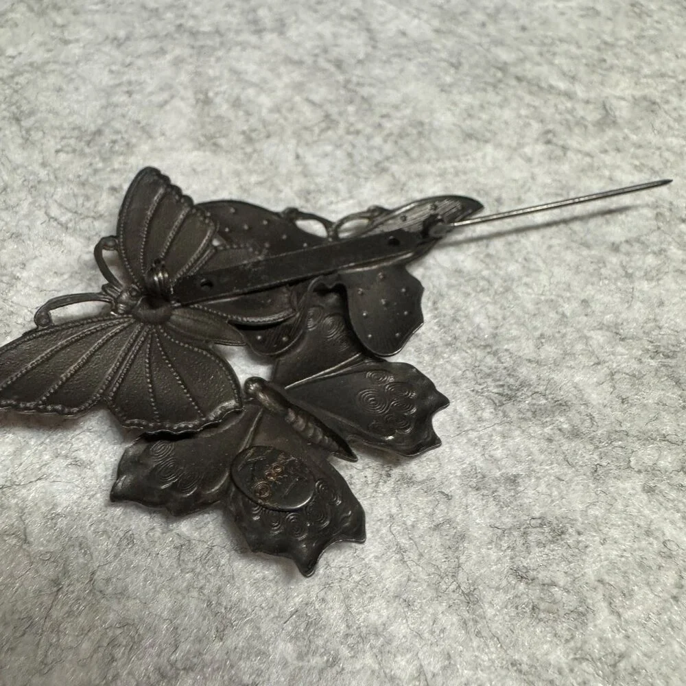Vintage K&T Butterfly Trio Brooch Bronze/Gold/Silver Finish Metal Accent Pin - Picture 4 of 6